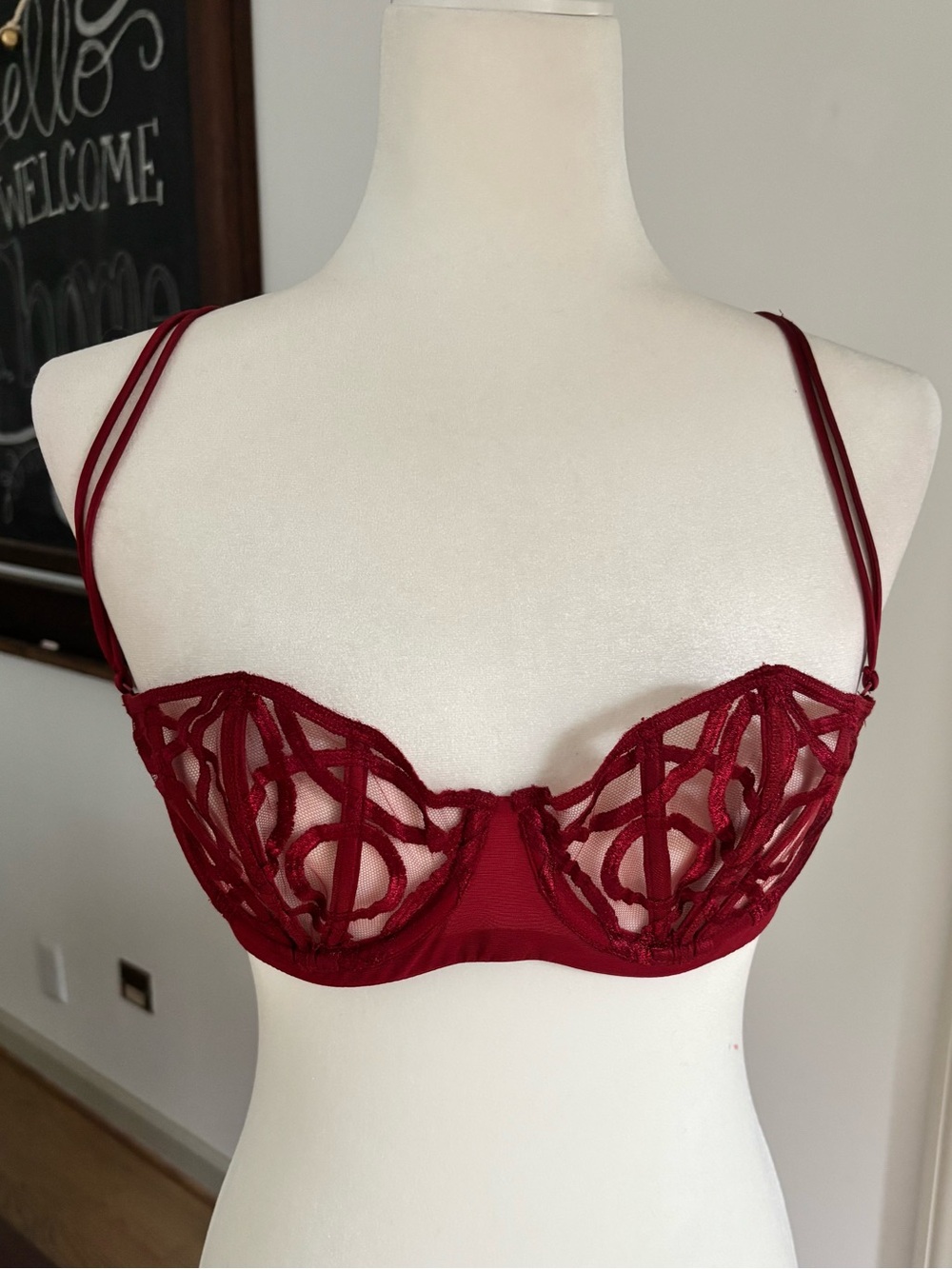 La Perla Red Burgundy Embroidered Cage Bra 36B Sheer Lace Italian Designer